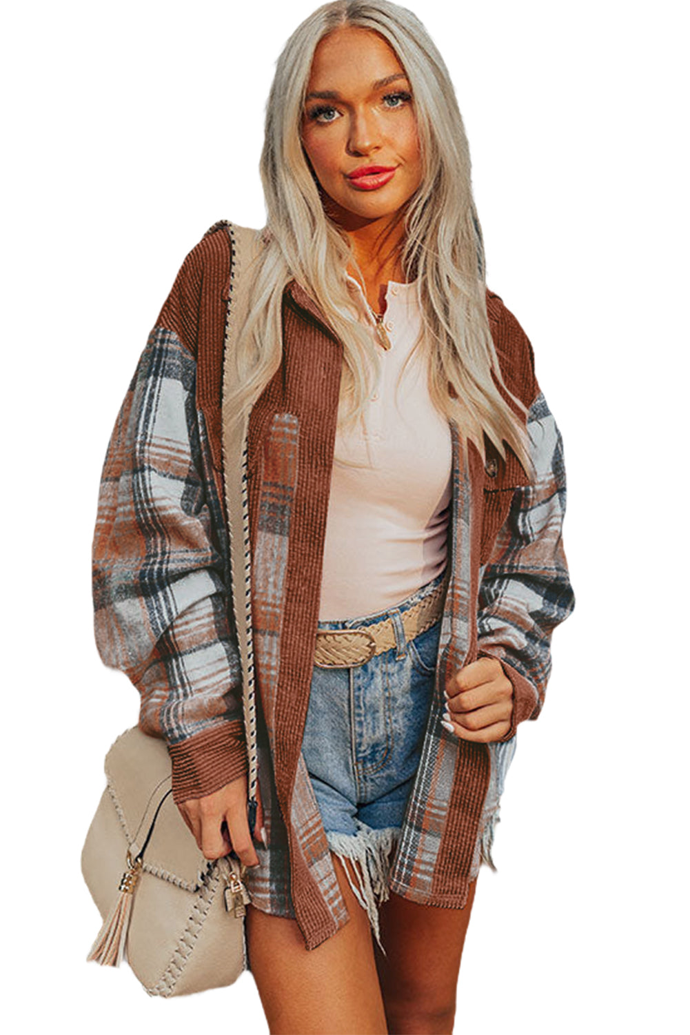 Cinnamon Plaid Corduroy Patchwork Shacket With Pockets