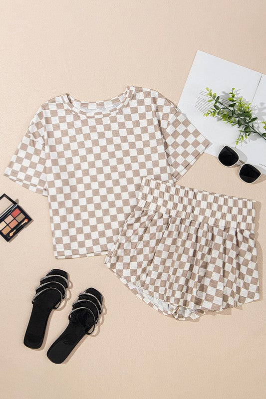 Checkerboard T Shirt High Waist Skorts 2 Piece