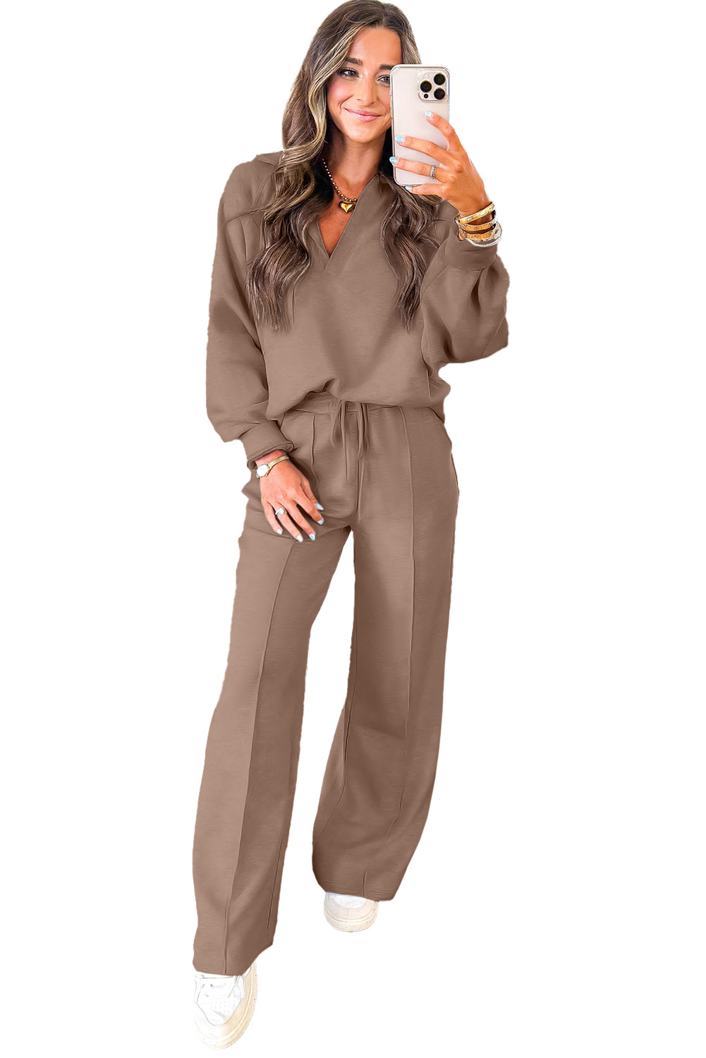 Dark Khaki Polo Collar V Neck Pullover and Drawstring Sweatpants Set