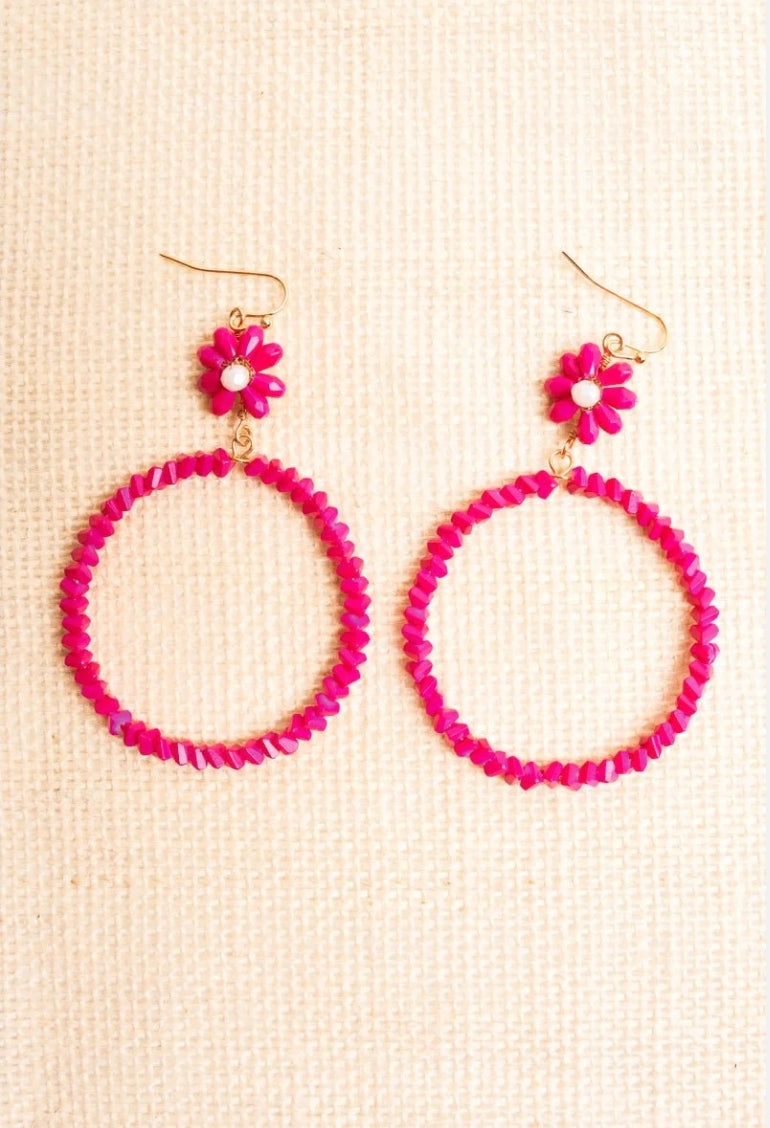 HOT PINK SEED BEAD GOLDTONE EARRINGS