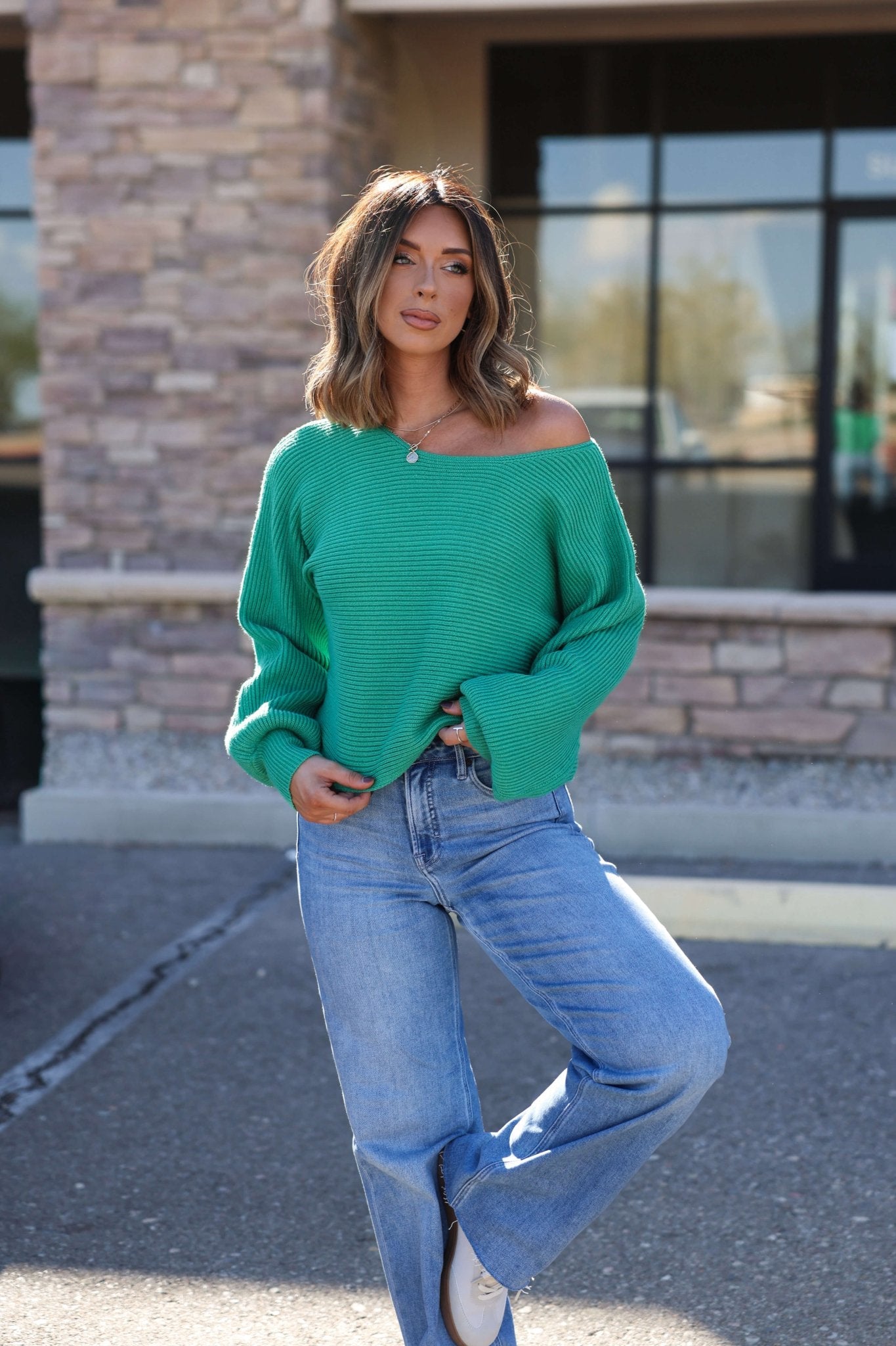 Avery Ribbed Boat Neck Sweater - Green - DOORBUSTER