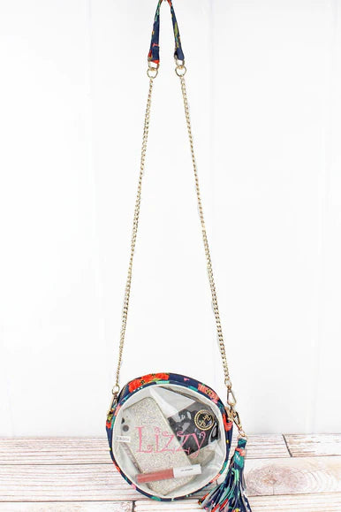 Navy Clear Round Crossbody Bag with Spring Blossoms Trim