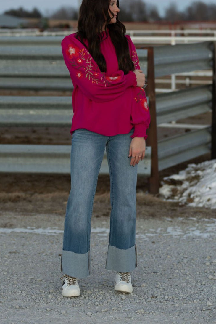 Kan Can Mid Rise Wide Flare Cuff Jeans