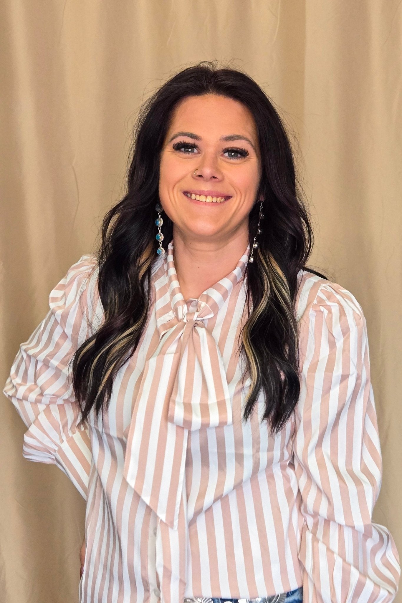 Howdy Hanny Mauve Stripe Long Sleeve Bow Tie Top