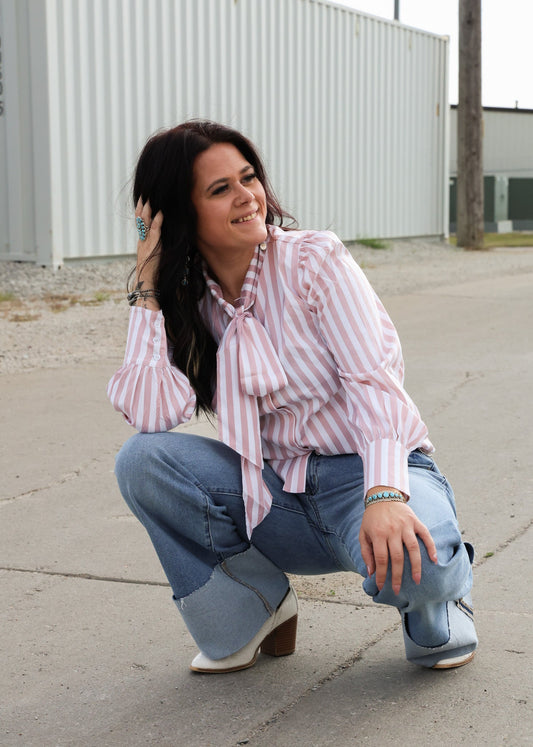 Howdy Hanny Mauve Stripe Long Sleeve Bow Tie Top