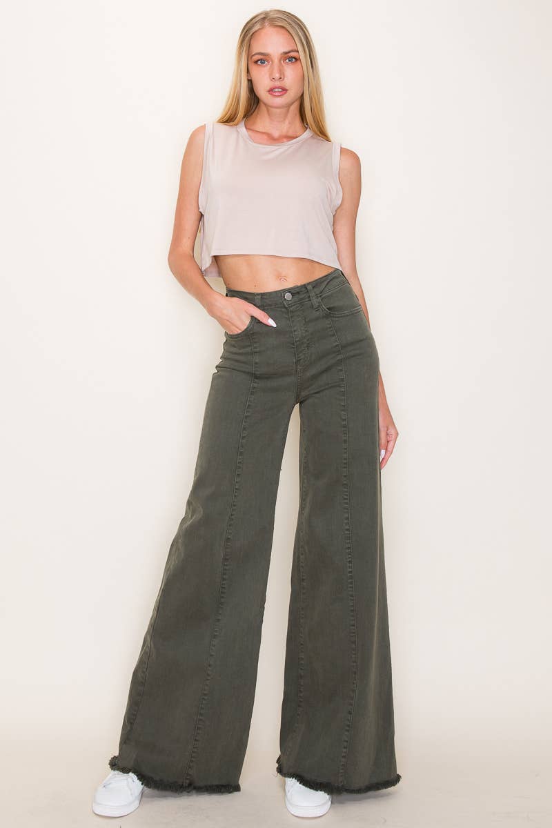 O2 Front Seam Wide Leg Denim Jeans - Olive