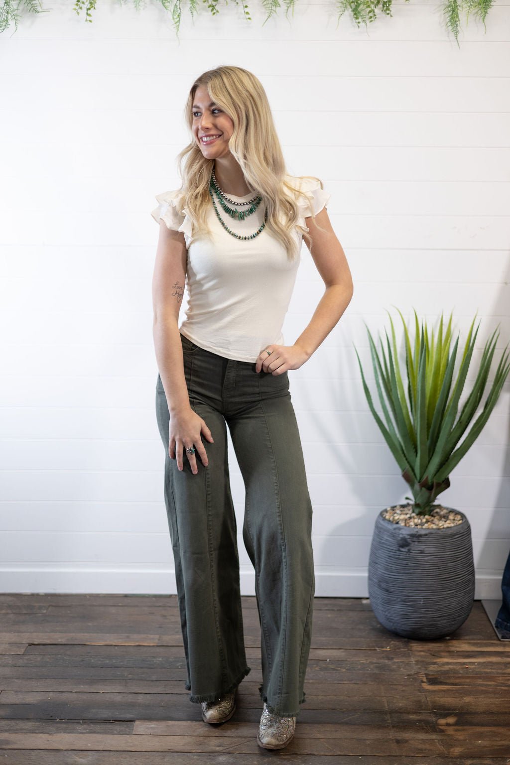 O2 Front Seam Wide Leg Denim Jeans - Olive