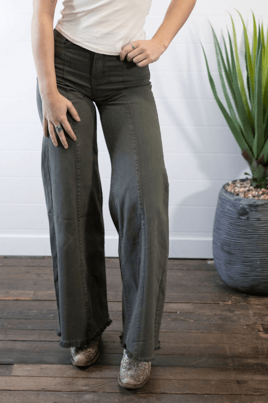 O2 Front Seam Wide Leg Denim Jeans - Olive