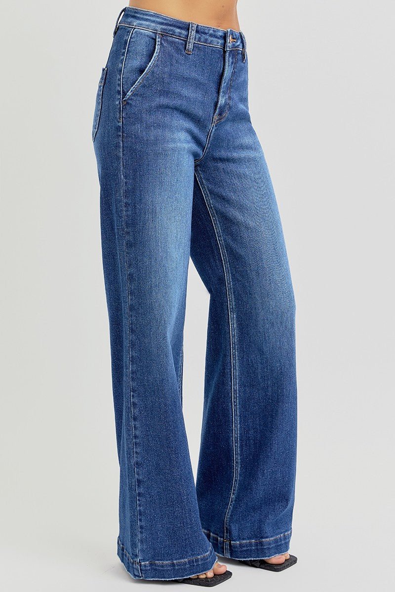Risen High Rise Wide Leg Slanted Pocket Jeans